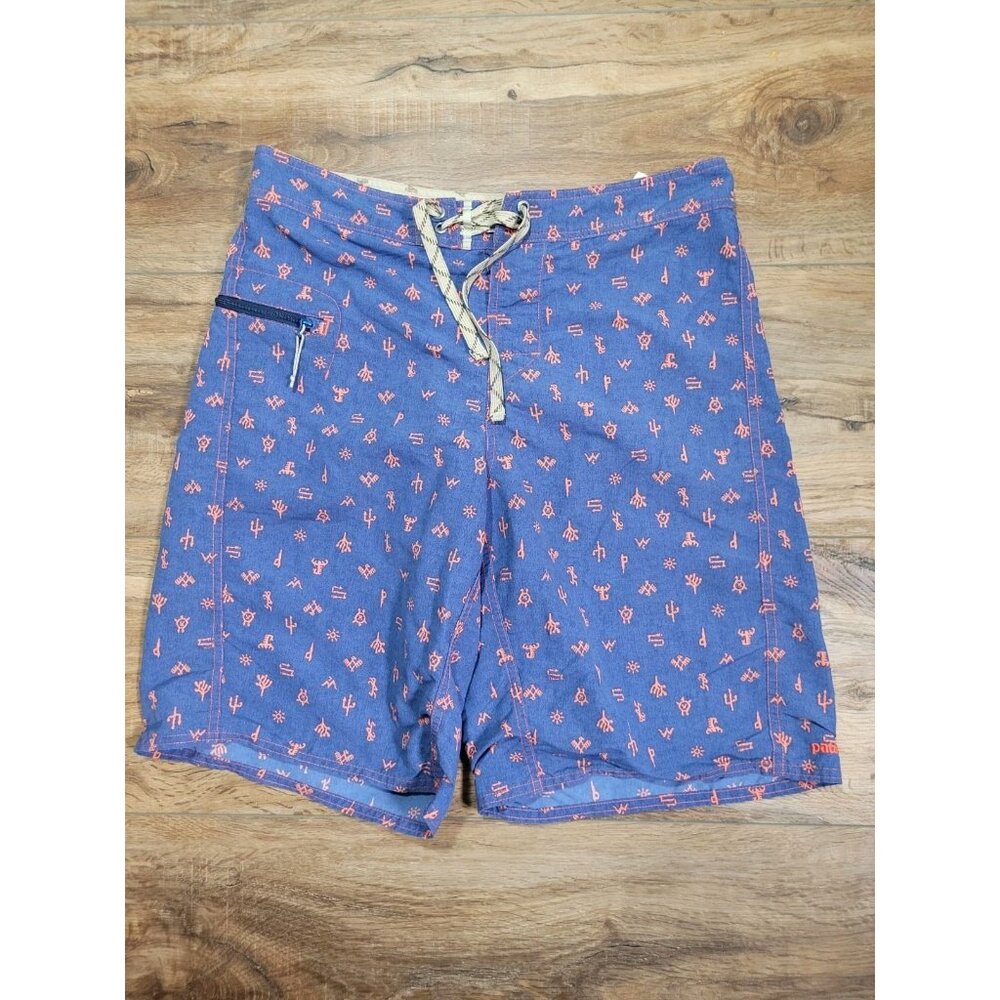 Patagonia Men’s Wavefarer Board Shorts Sz 31 Navy With Symbols Read